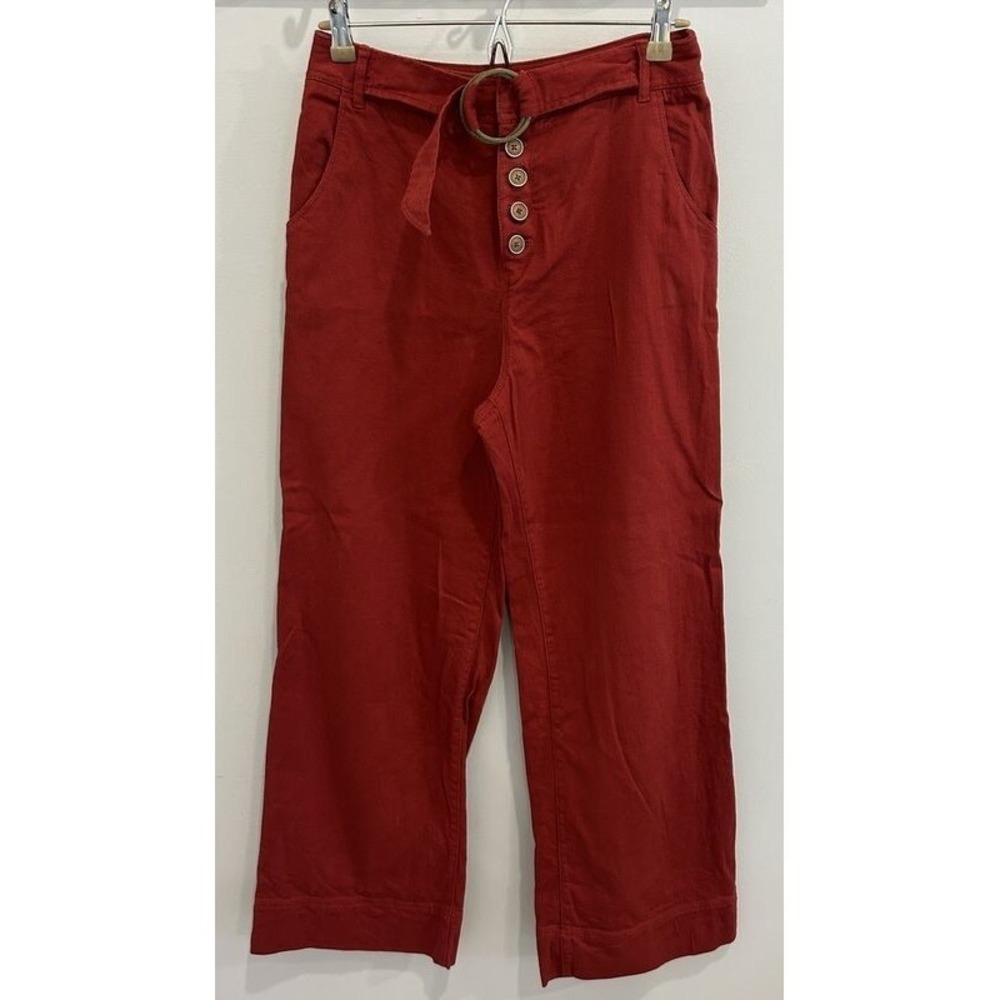 By Anthropologie Rust Red Button Fly Wide Leg Pants Double Ring Belt Size 8‎